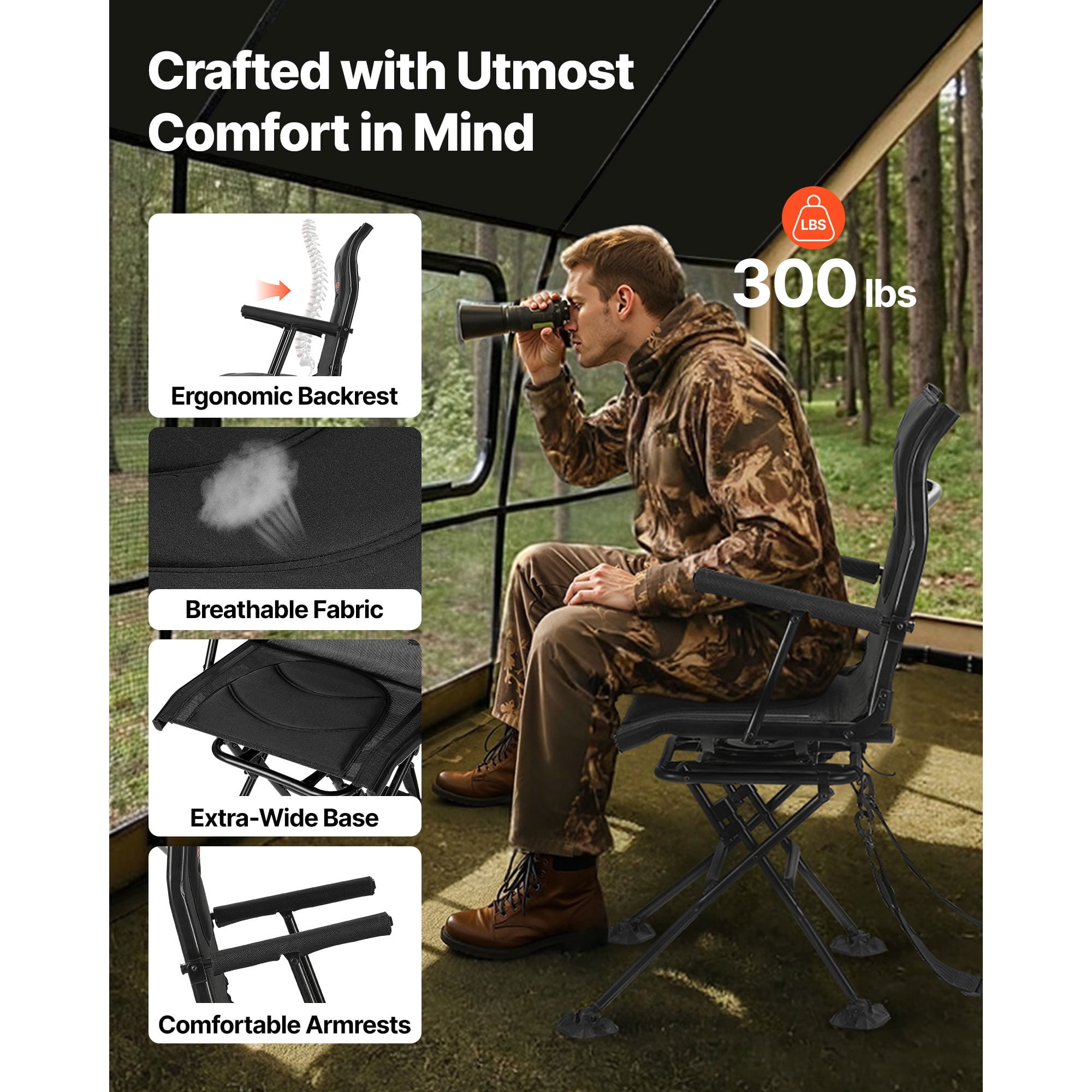 KFFKFF Hunting Chair with 360° Quiet Swivel, Foldable and Portable Blind Seat, Durable Steel Frame Ground Stool with Armrests, Adjustable Carry Strap, Anti-Sink Feet, 300 Lbs Weight Capacity