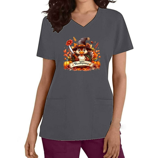 Womens Work Tops, Stylish Short-Sleeved V-Neck with Dual Pockets for Professional Attire