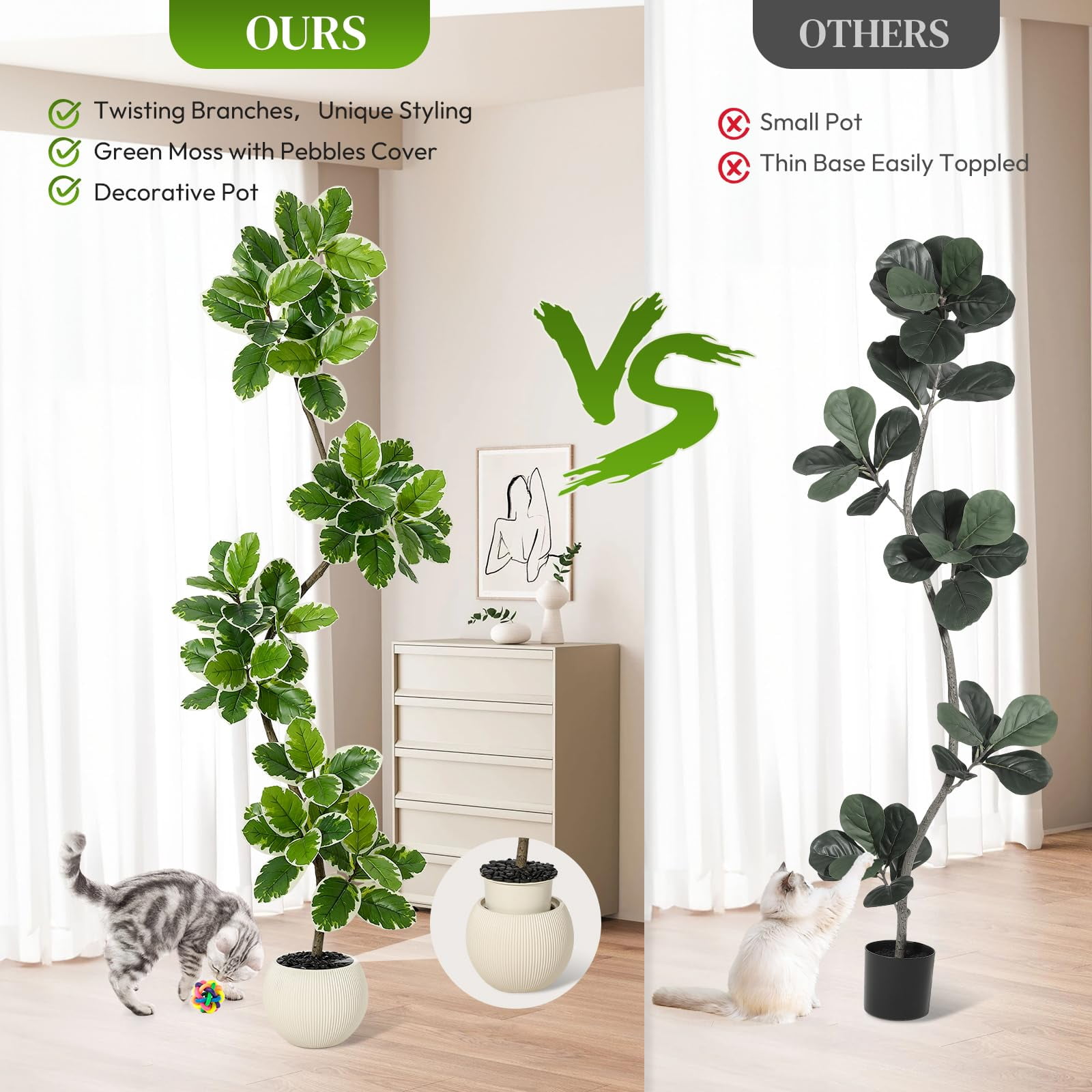 Litake Fiddle Leaf Fig Tree Artificial Indoor, 7 ft Tall Faux Rubber Tree with Sphere Planter, Tall Artificial Plants with Moss for Home Decor Office Living Room
