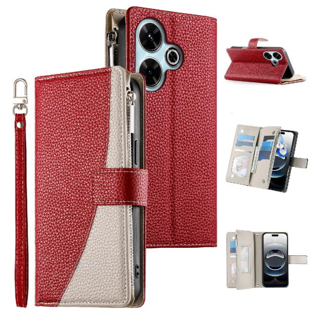 Funda cartera GANGXUN para Xiaomi Redmi Note 13R 5G , cuero PU con tarjetero, cremallera, correa de mano, soporte y protección 1013°