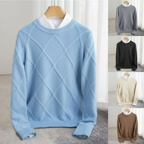 Hinvhai Men's Crewneck Knit Sweater Slim Fit Lightweight Casual Twist Patterned Cable Knitted Pullover Light Blue XL(XL)