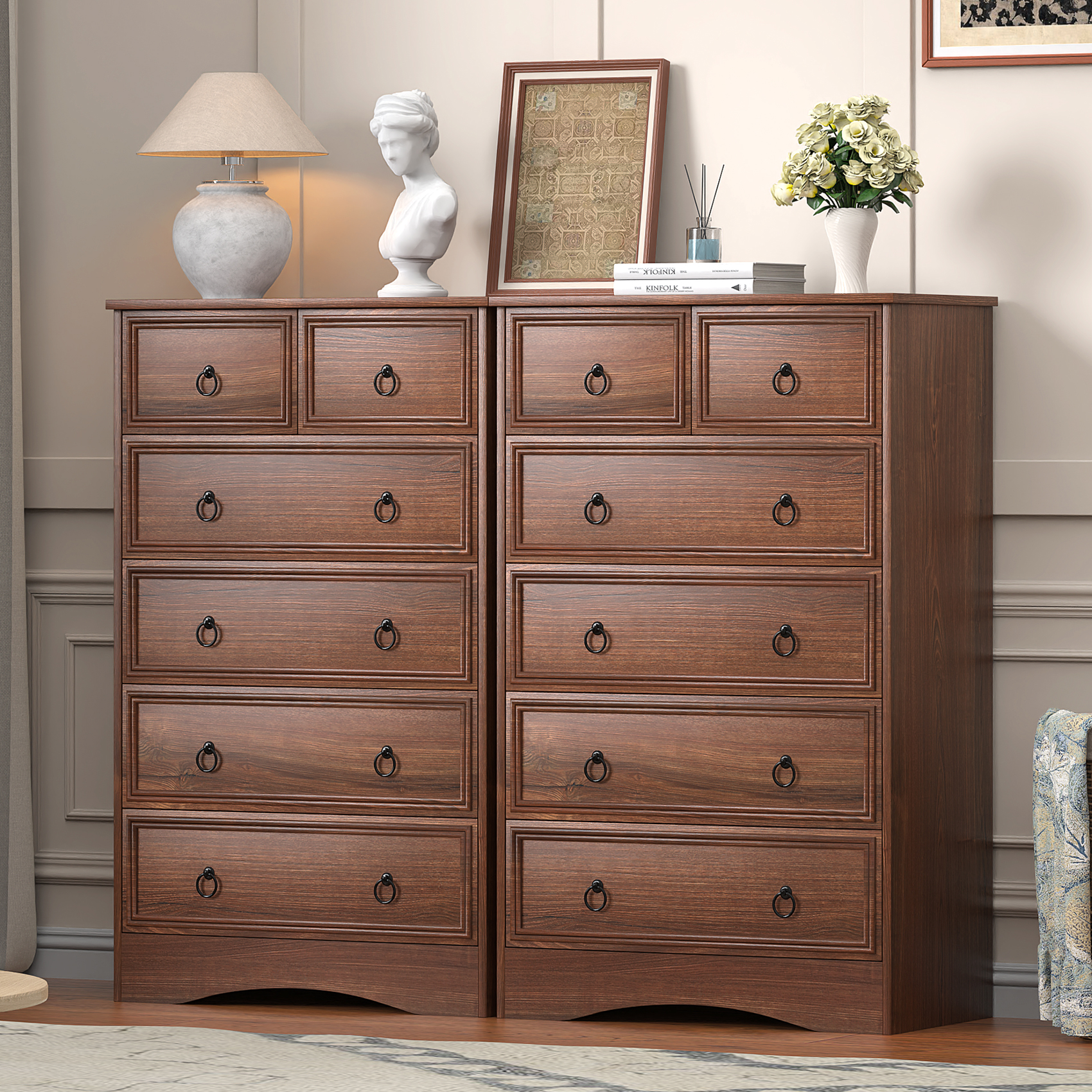 Frmobepts 6 Drawer Dresser, Tall Wood Chest of Drawers Dressers for Bedroom, Living Room, Cherry