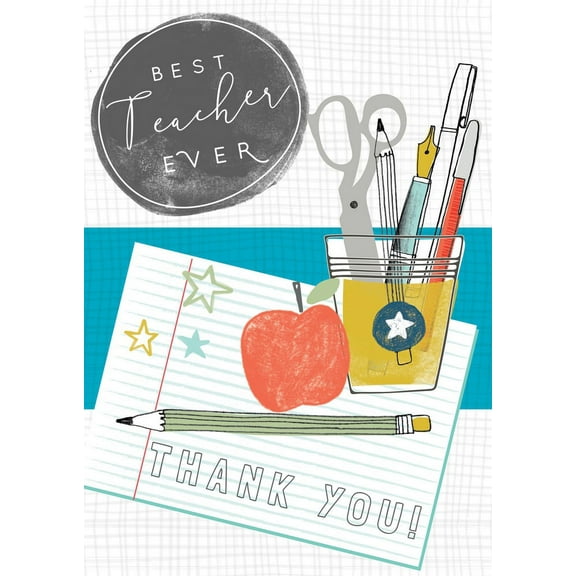 Laura Darrington Design Best Teacher Ever Apple, Pencil and Paper Embossed Thank You Card