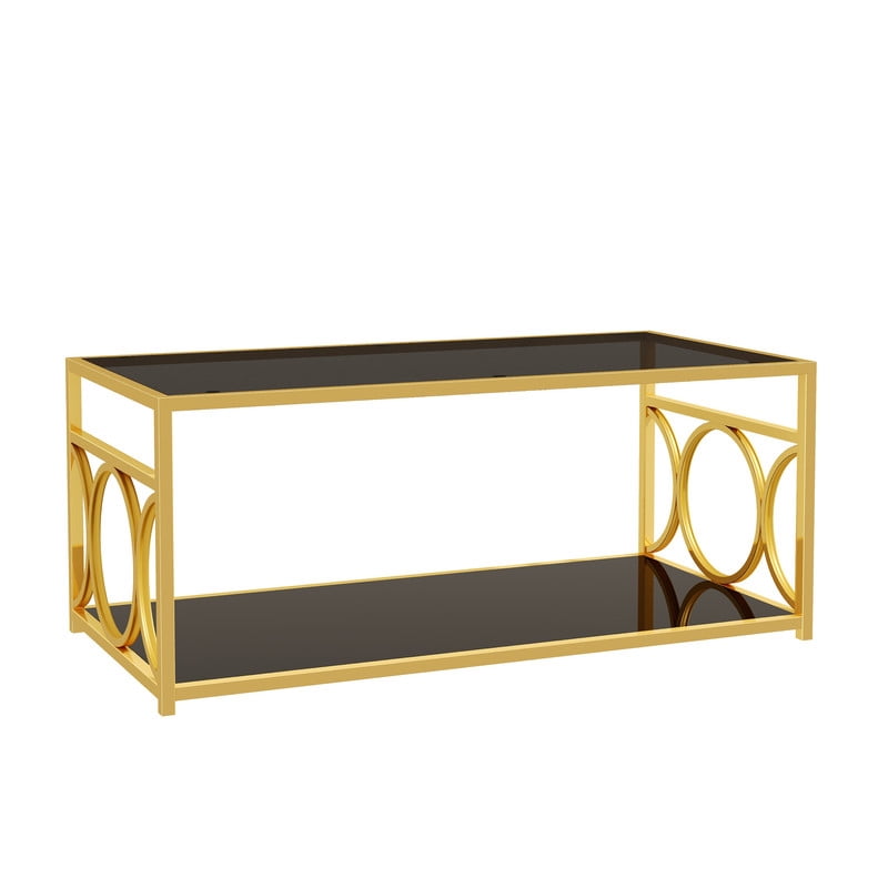 Glass Top Coffee End Table with Gold Metal Frame, Rectangular 2-Tier Storage Center Cocktail Table with Open Storage Shelf