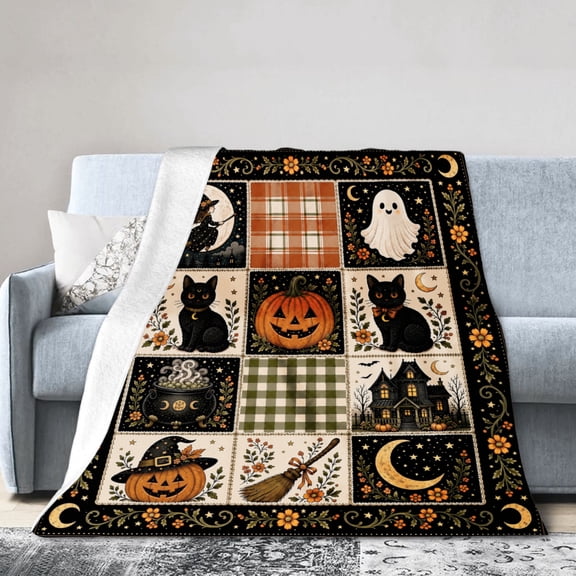 Halloween Patchwork Quilt Pattern Print Flannel Throw Blankets for Couch Bed 50"x40"