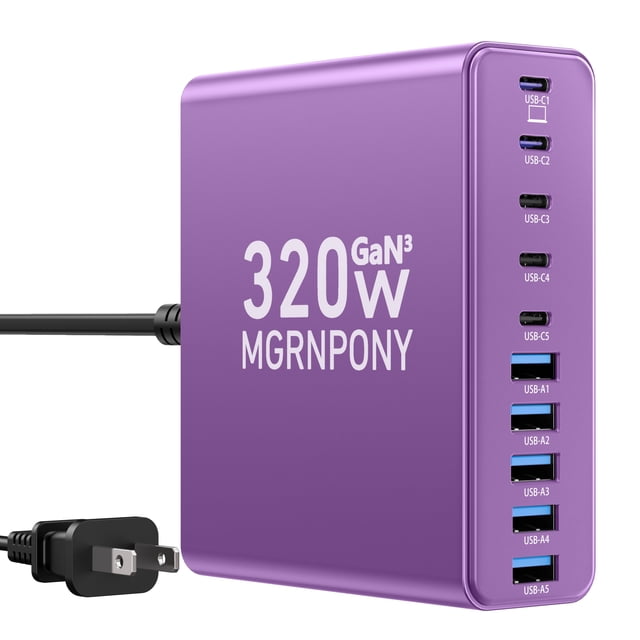 Estación de carga MGRNPONY 320 W USB-C y USB-A de 10 puertos morada