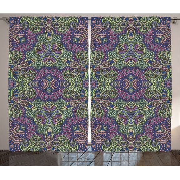 Ambesonne Psychedelic Curtains 2 Panel Set, Mandala Boho Hippie, 108" x 84", Purple Green