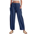 thumbnail image 2 of Gauze Pants for Women Plus Size Wide Leg Linen Ankle Length High Waisted Elastic Waist Gaucho Pants Petite Drawstring Work Trouserswith Pockets Dark Blue L, 2 of 9