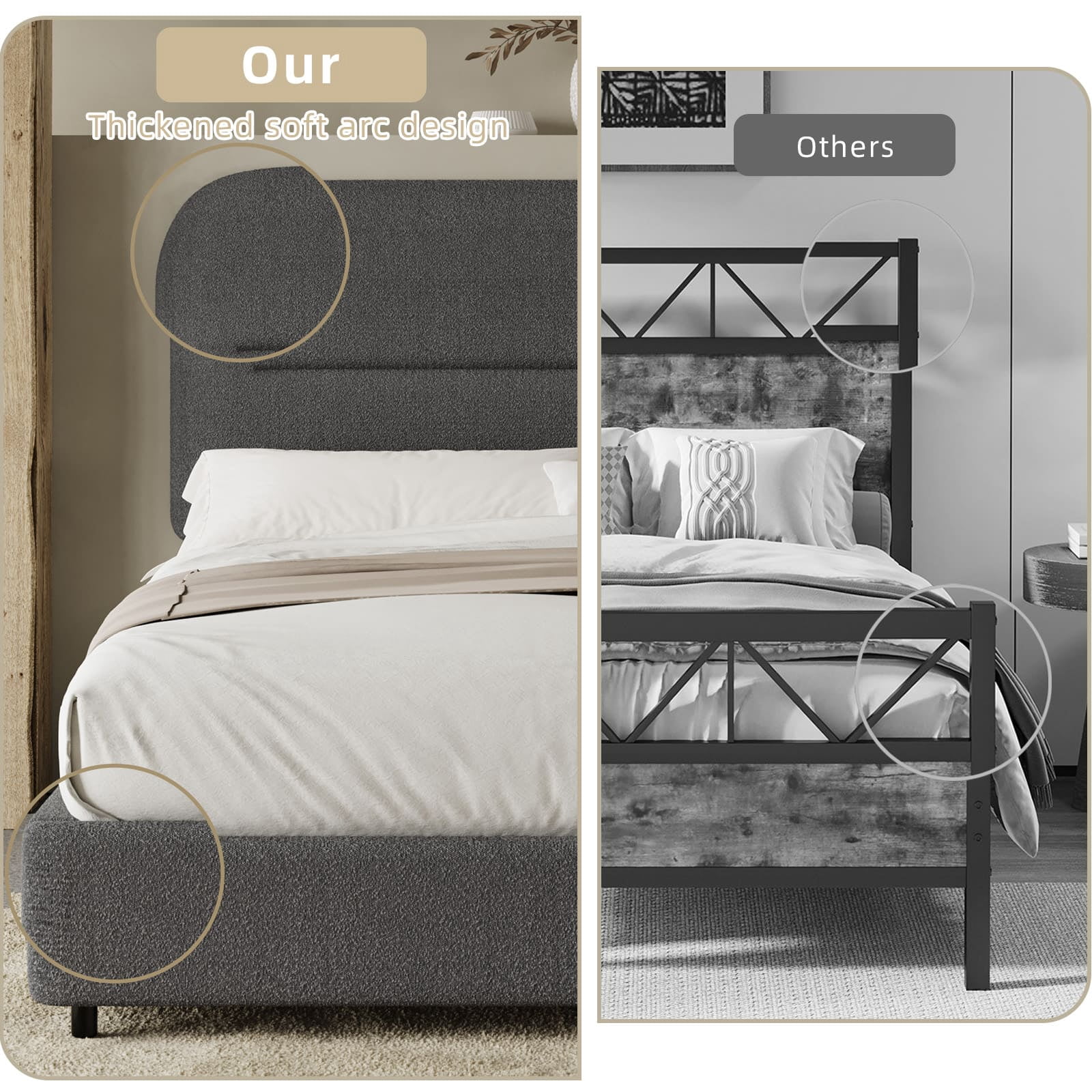 4 EVER WINNER Full Size Boucle Bed Frame with Headboard, Upholstered Platform Bed with Wood Slats, Soft Rounded Corners, No Box Spring Required, Non-Slip and Noise-Free, Easy Assembly, Grey