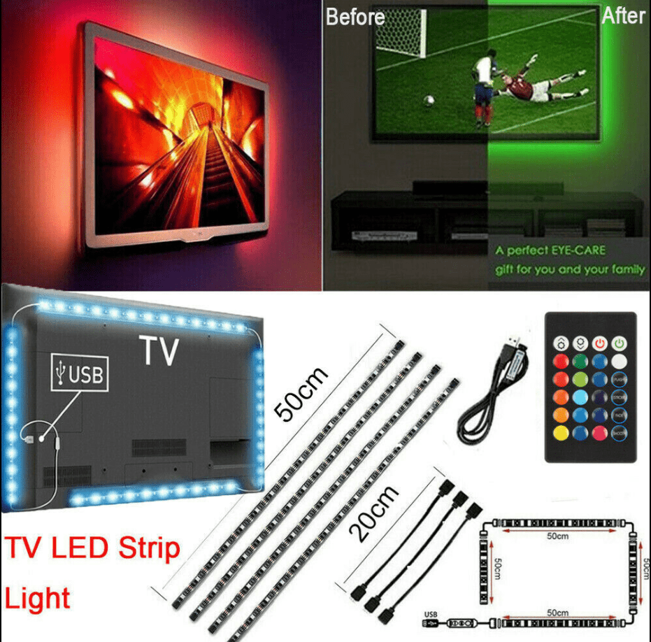 4 x 50CM TV LED Backlight USB 5050 RGB LED Strip Light Remote Kit 5V 30Leds/M 