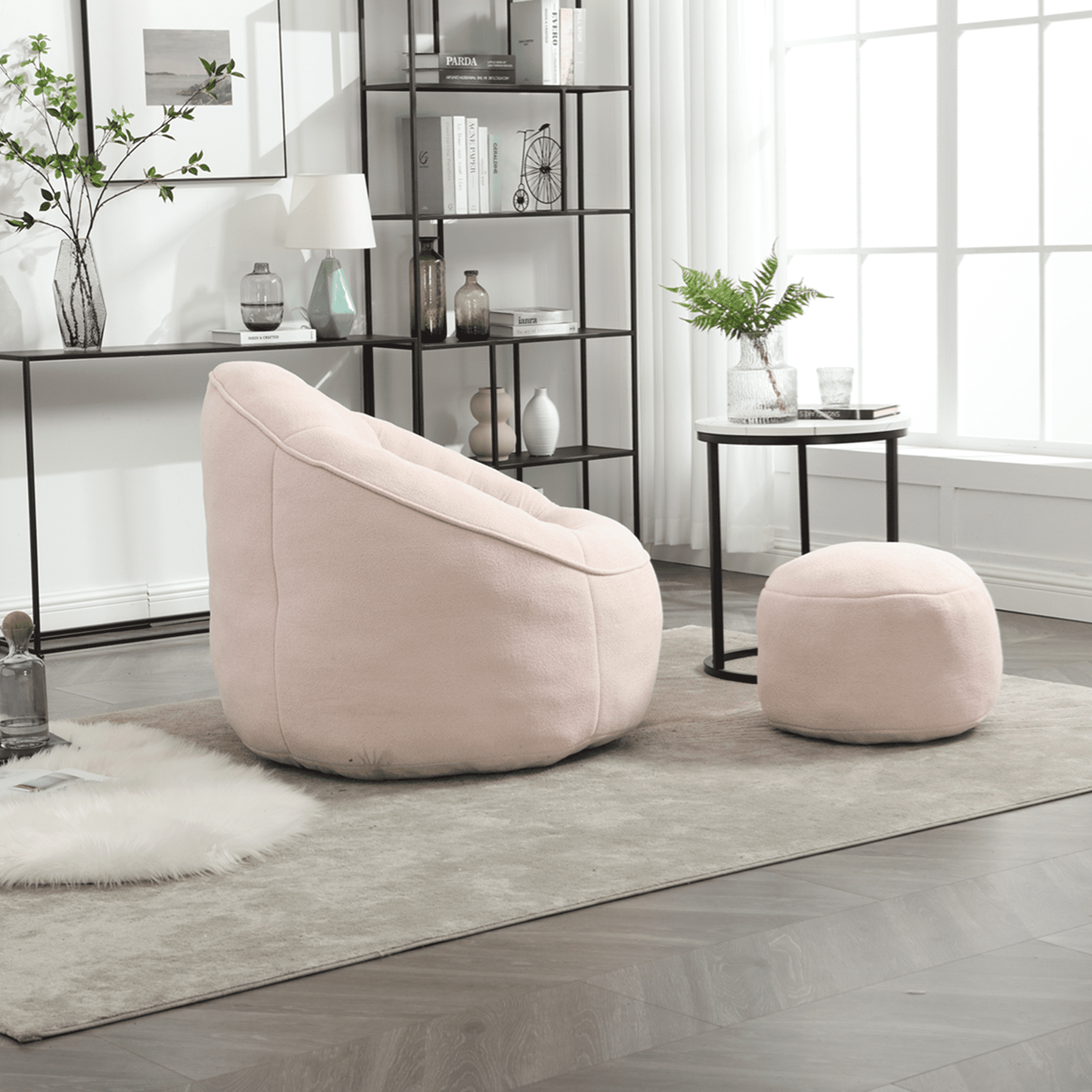 Bean Bag Chair, Comfy Bean Bag Sofa with Back Support and Footrest, Bean Bag Chair for Adults and Kids, Stuffed Floor Sofa for Living Room, Bedroom, Apartment, Pink