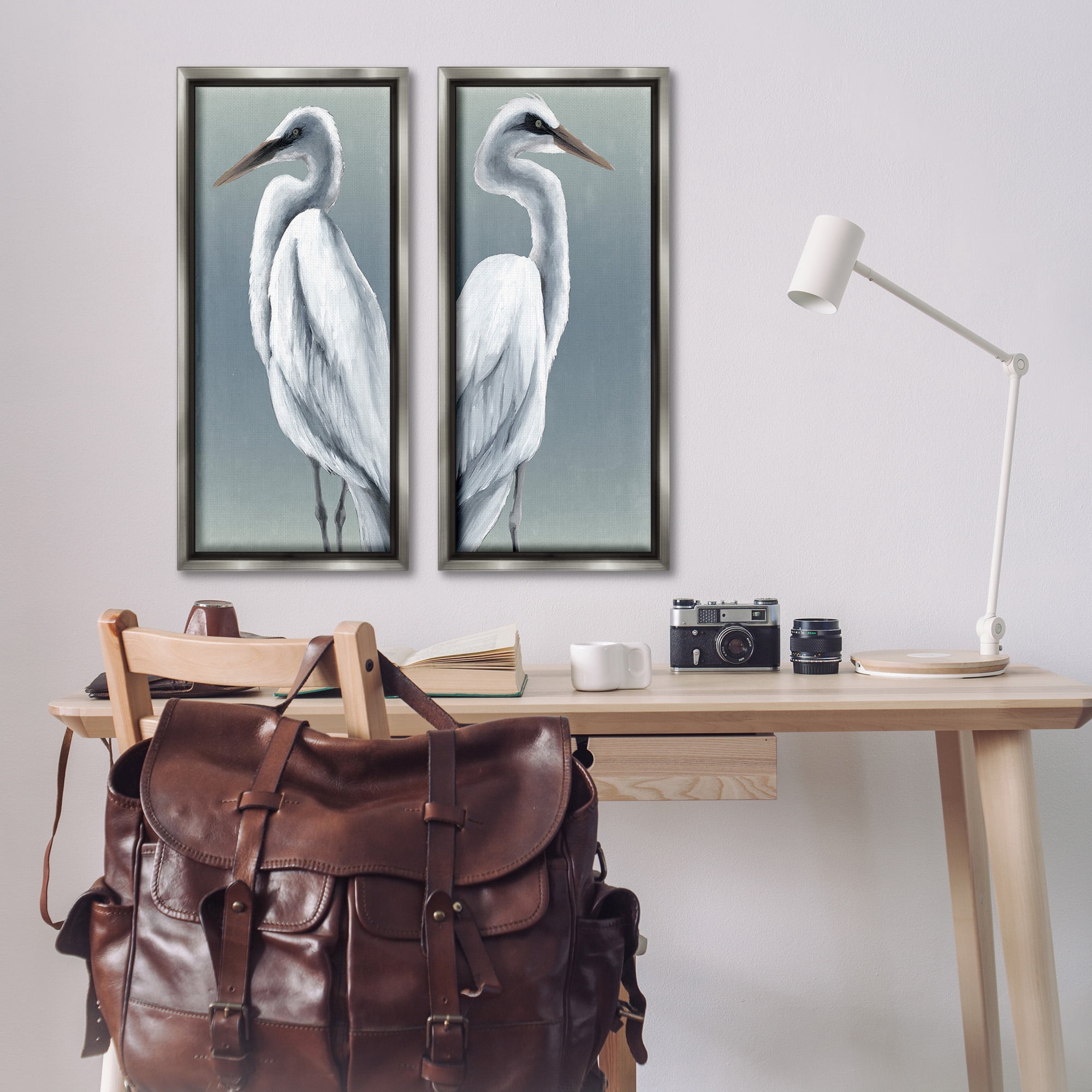 Stupell Industries Nautical Egret Portraits Animals & Insects Painting Gray Floater Framed Canvas Art Print Wall Art, 14 x 31, Set of 2
