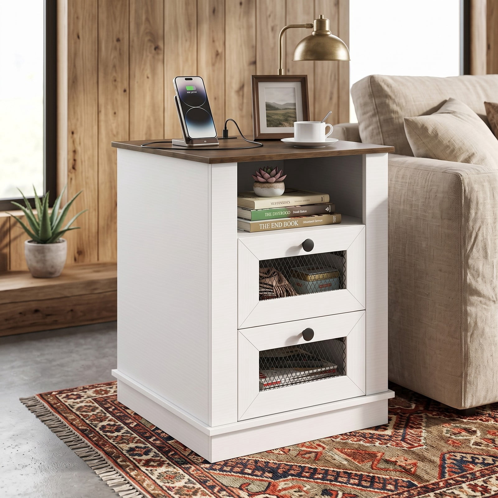 Furnibear Industrial Nightstand with Charging Station and 2 Drawers, Bedside Table with Metal Mesh Fronts and Open Compartment, Rustic Brown