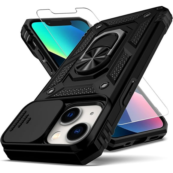 for iPhone 13 Mini Case,with Camera Lens Cover HD Screen Protector,[Military Grade] Ring Car Mount Kickstand Hybrid Hard PC Soft TPU Shockproof Protective Case for iPhone 13 Mini, Black