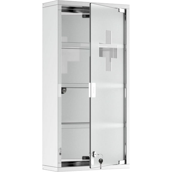 YYEAN  Wall Mounted Medicine Cabinet, Locking Wall Cabinet with 4 Tier Shelves, Stainless Steel Frame and Glass Door, Lockable with 2 Keys, Silver, 12" x 24"