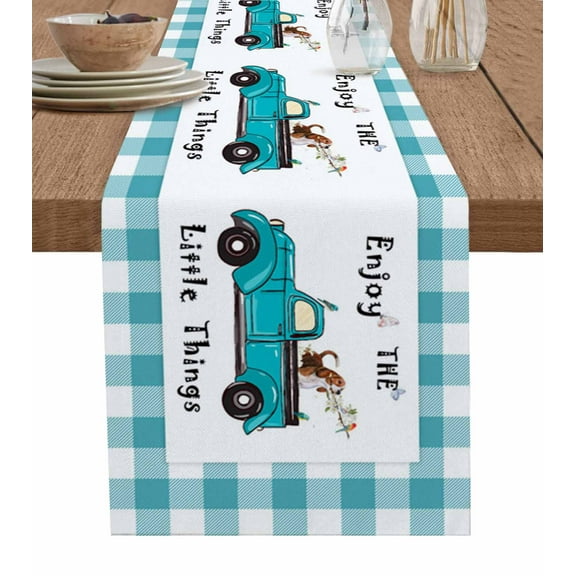 Table Runner Dresser Scarves 90 Inch Long, Farm Truck with Dog and Flowers Linen Dining Table Runners Blue White Grid Buffalo Plaid Tabletop Scarf for Wedding Holiday Party Kitchen