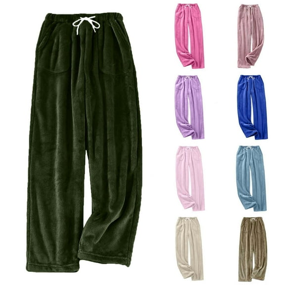 DDAPJ pyju Women's Fleece Pajama Pants Fuzzy Warm Sleep Bottoms Drawstring Elastic Waist Comfy Baggy Lounge Trousers with Pockets Blue M