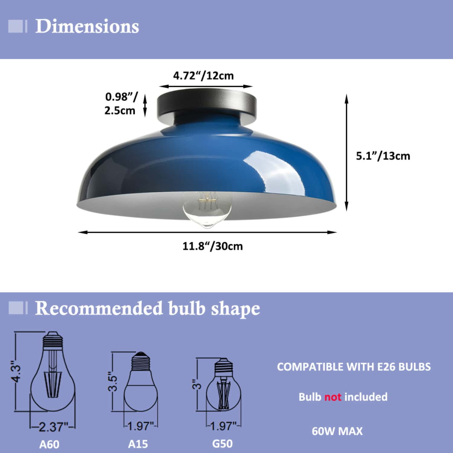 Claxy 12" Dark Blue Flush Mount Ceiling Light with Dome Metal Shade