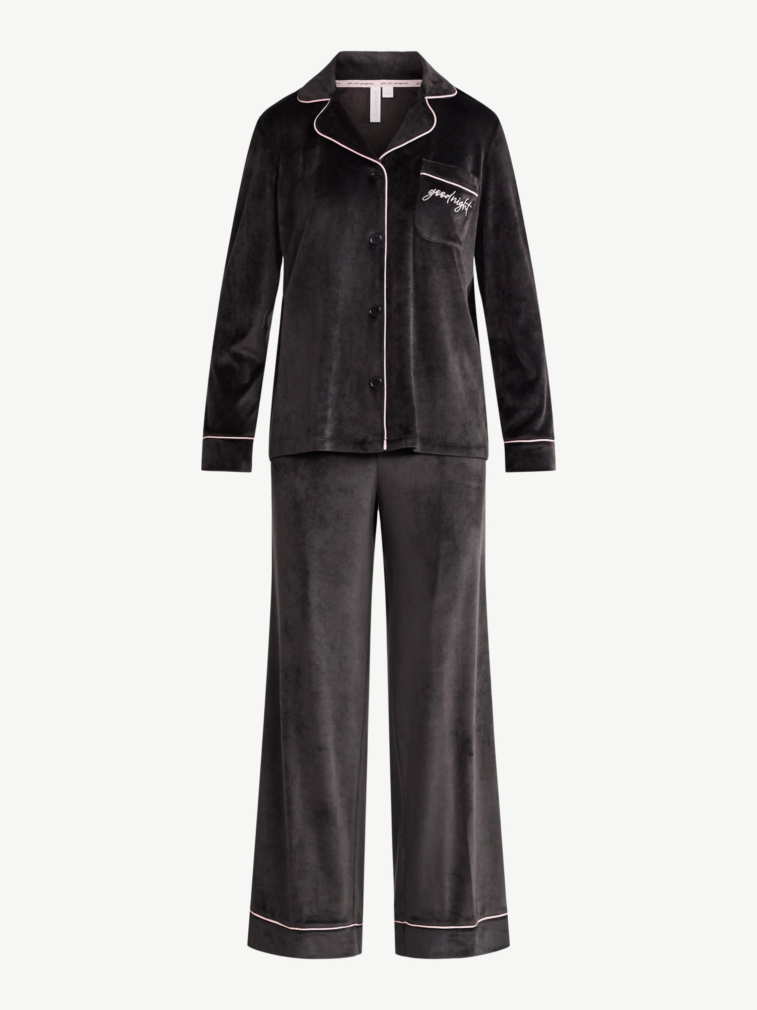 Joyspun Women’s Stretch Velour Notch Collar Long Sleeve Pajama Set, Sizes XS to 4X