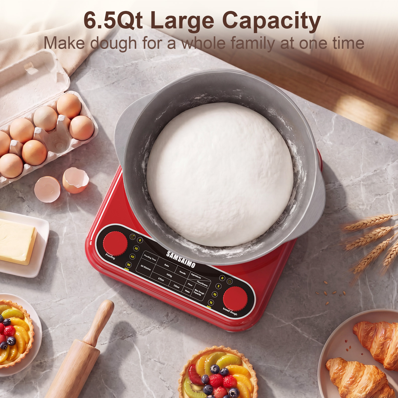 Batidora de masa eléctrica de 6.5QT con función de fermentación, máquina amasadora con bol de acero inoxidable 304, accesorios aptos para lavavajillas, tapa y perilla removibles, control, rojo imperial 7