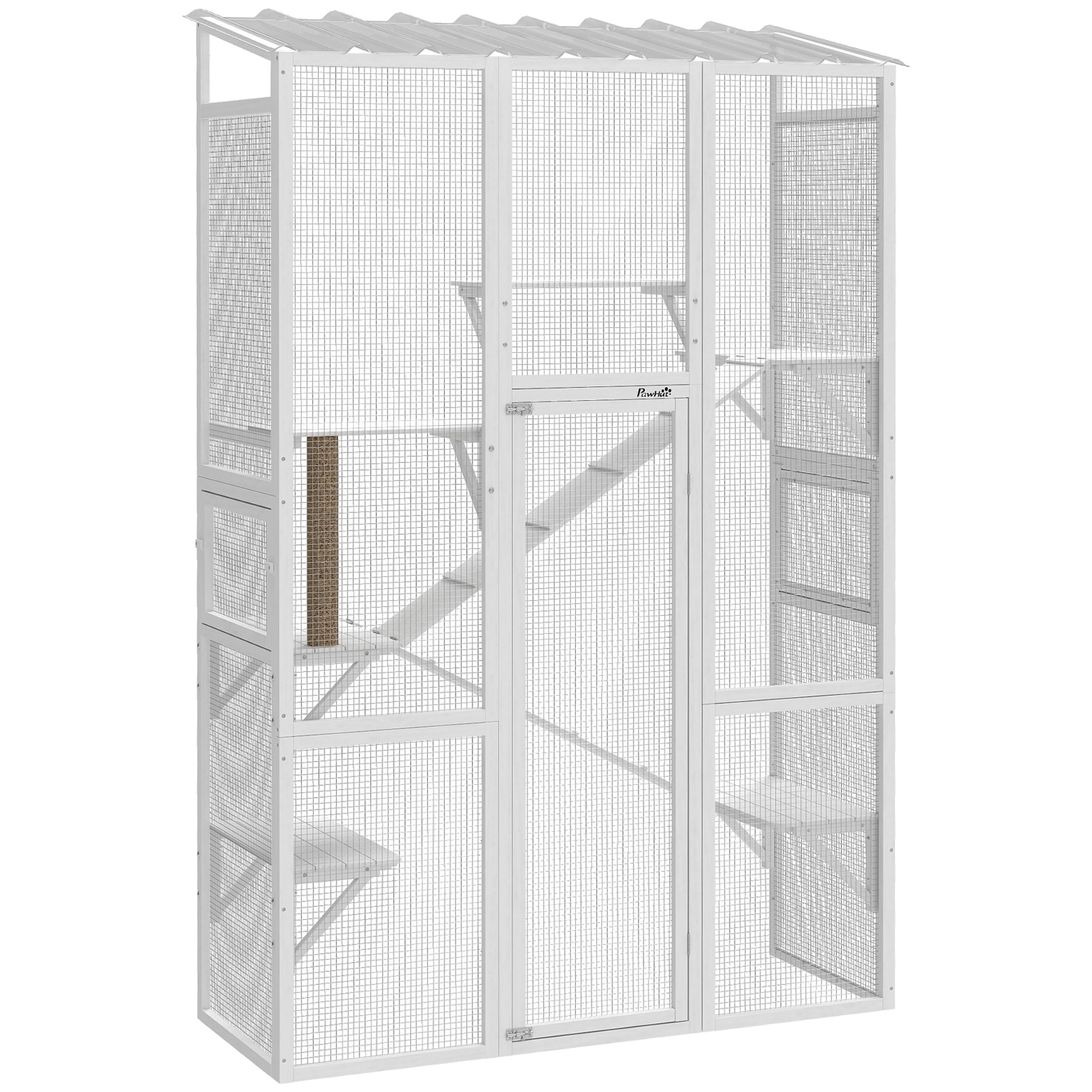 PawHut Outdoor Catio Cat Enclosure, Large Wooden Cat House with 6 Jumping Platforms, Scratching Post, 2 Ramps, Waterproof Roof, for 2-3 Kittens