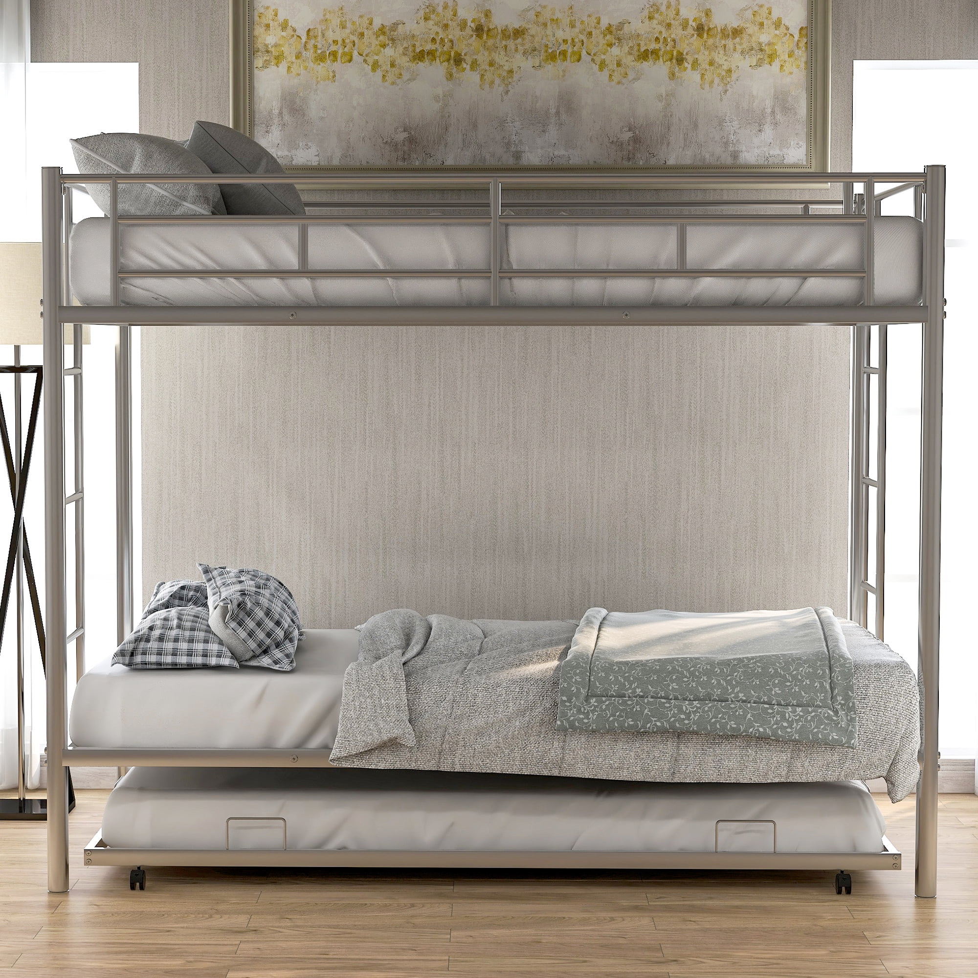 Euroco Modern Metal Twin over Twin Bunk Bed with Trundle for Kids Teens, 3 Twin Size Beds, Solid Ladder and Safety Guardrails, Silver