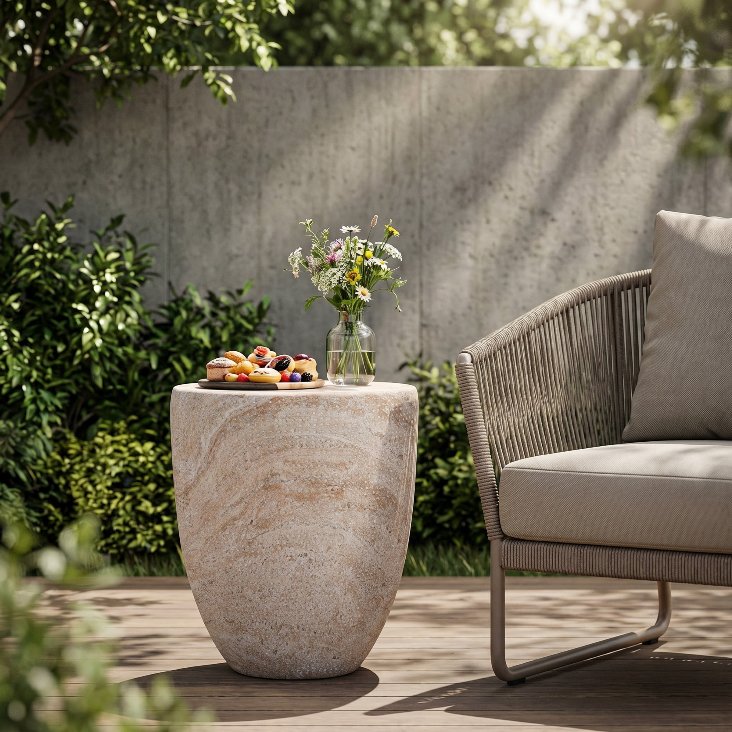 Lightweight Concrete Side Table with Travertine Finish, Beige, 14.25 x 14.25 x 17.5 in