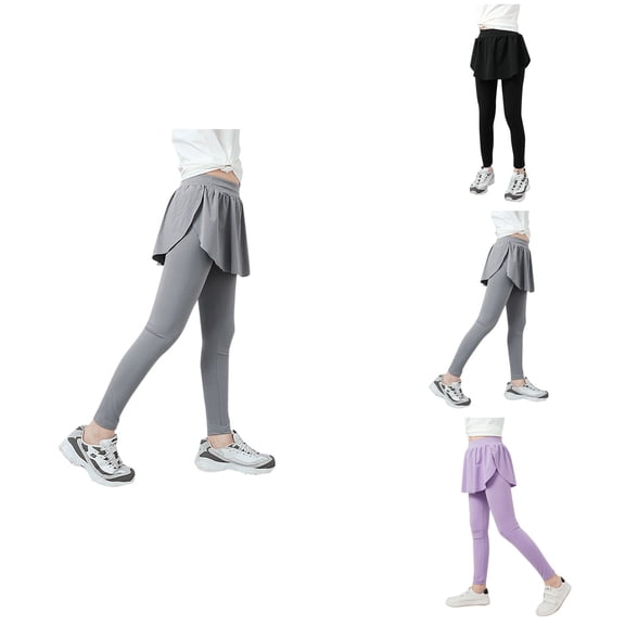 High Waisted 2 in 1 Girls Yoga Leggings with Flowy Skirt, Athletic Skort Tight for Running Tennis, Pockets, Kids Active Pants