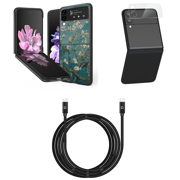Bemz Premium Bundle for Samsung Galaxy Z Flip 3 5G: Slim Snap-On Protector Case (Midnight Green Blossom), Rear Camera Glass Protector, Nylon Braided USB-C to USB-C Cable (4 Feet)