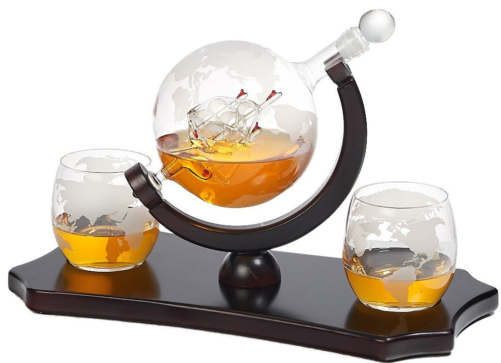 ACAMPTAR Glass Globe Decanter Set with Whiskey Glasses Wood Stand Funnel Accessories Home Dining Bar Decoration