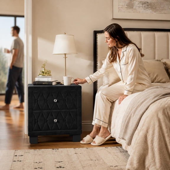 Black Velvet Nightstand with 2 Drawers, Button-Tufted Bedside Table with Crystal Handles for Bedroom
