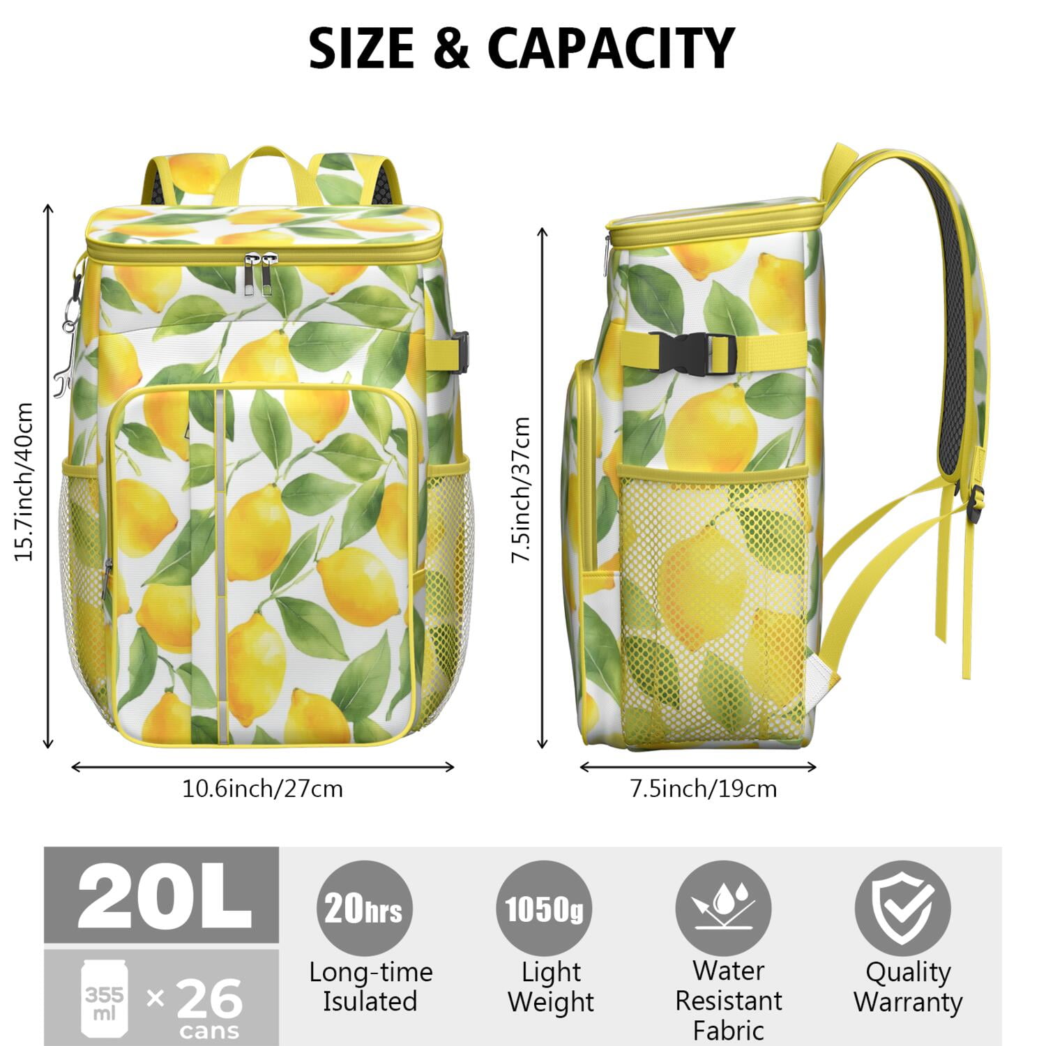 Travel Cooler Bag - Lemon Camping Beer Cooler Backpack with Bottle Opener- Waterproof Insulated Picnic Backpacks - Cooler Bag for Beach