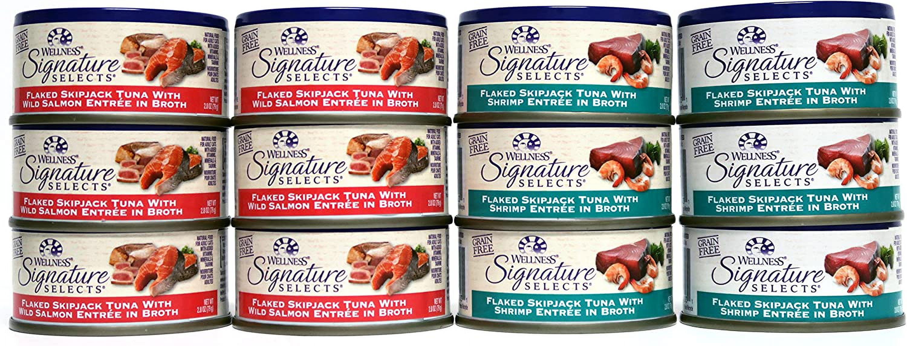 Wellness Natural Grain Free Signature Selects Flaked Wet Cat Food Variety Pack Box - 2 Flavors (Wild Salmon & Shrimp) - 2.8 Ounces Each (12 Total Cans)