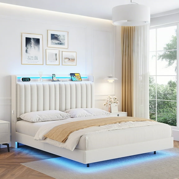 Vipuse Queen Size Floating Bed Frame with Ergonomic Hidden Storage Headboard and LED Lights, Visual Floating LED Bed Frame with Charing Station, Velvet Upholstered Platform Bed, Heavy Duty, White
