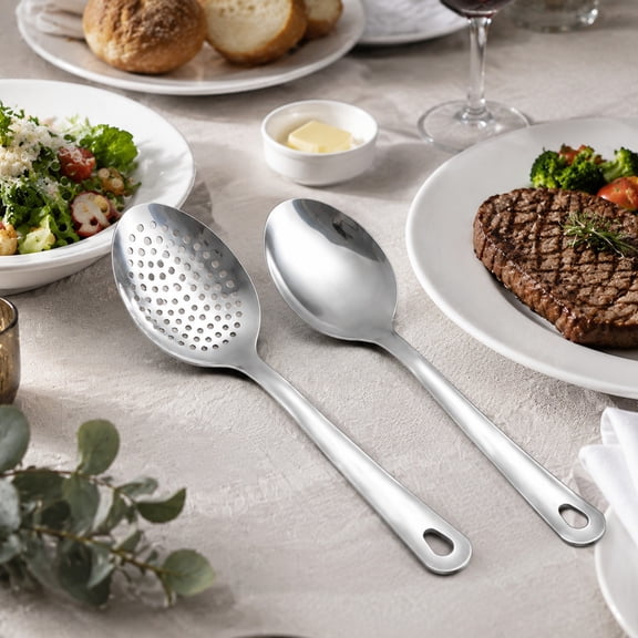 Safeglitz 304 Stainless Steel Cooking Spoon Set - Solid and Slotted Spoons with Ergonomic Handle, 14.7 Inch Long Spoons for Large Pots Serving, Dishwasher Safe Kitchen Utensil Set with Hanging Loop