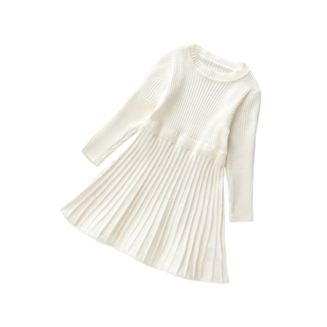 LOVZFMLL Kid Knitted Dress Solid Cute Sweet Dress Long Sleeve Round-Neck Dress