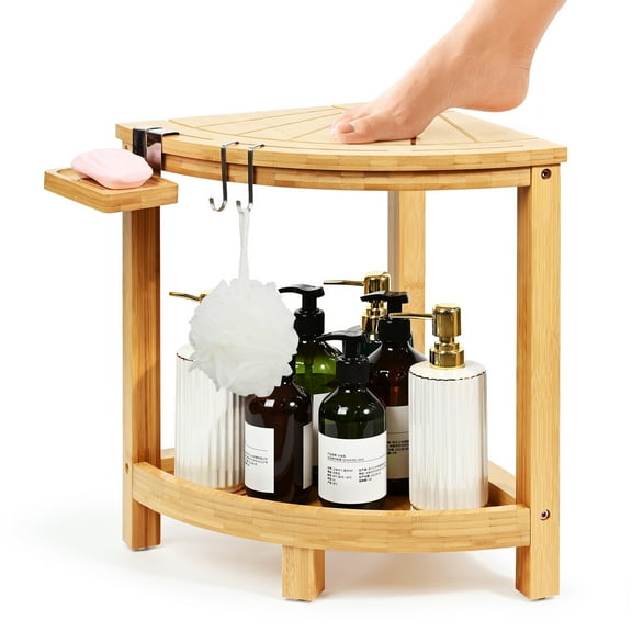 2-Tier Bamboo Corner Shower Stool for Shaving Legs, Waterproof Shower Bench with Storage Shelf and Soap Dish, Shower Chair for Inside Shower, Non-Mildew & Non-Slip Shower Foot Rest,Natural Wood