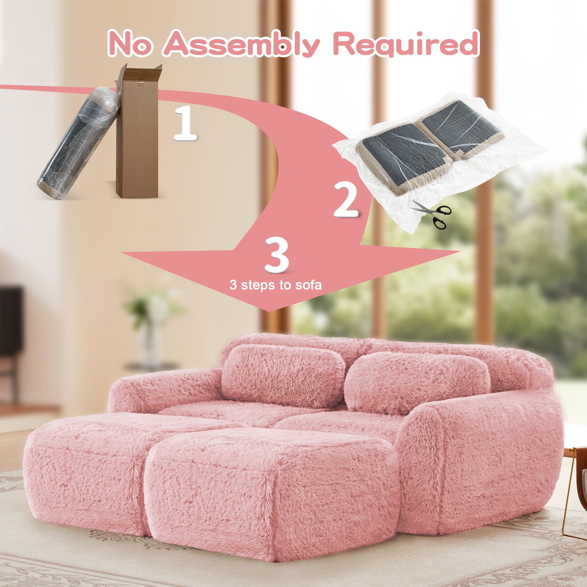 MAYEERTY 80" Pink Boneless Sofa, Plush Fabric 32D Foam Non-Slip Base No Assembly Deep Seat with Chaise Free Combination for Study