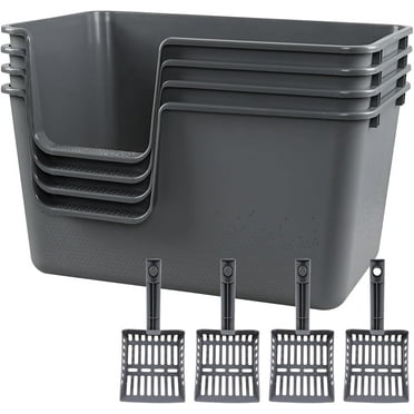 Set of 4 Extra Large Cat Litter Box, Low Entry Senior Litter Pen for Geriatric  Big Cats, Open Top Cat Litter Tray with Scoop, Grey