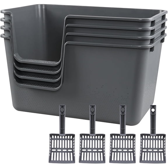 Set of 4 Extra Large Cat Litter Box, Low Entry Senior Litter Pen for Geriatric  Big Cats, Open Top Cat Litter Tray with Scoop, Grey
