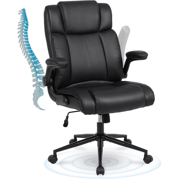Executive Office Chair, Ergonomic Home Office Desk Chair with Wheels, Thicken Flip-up Armrest and Lumbar Support, Upholstered Leather Mid-Back Computer Gaming, Black