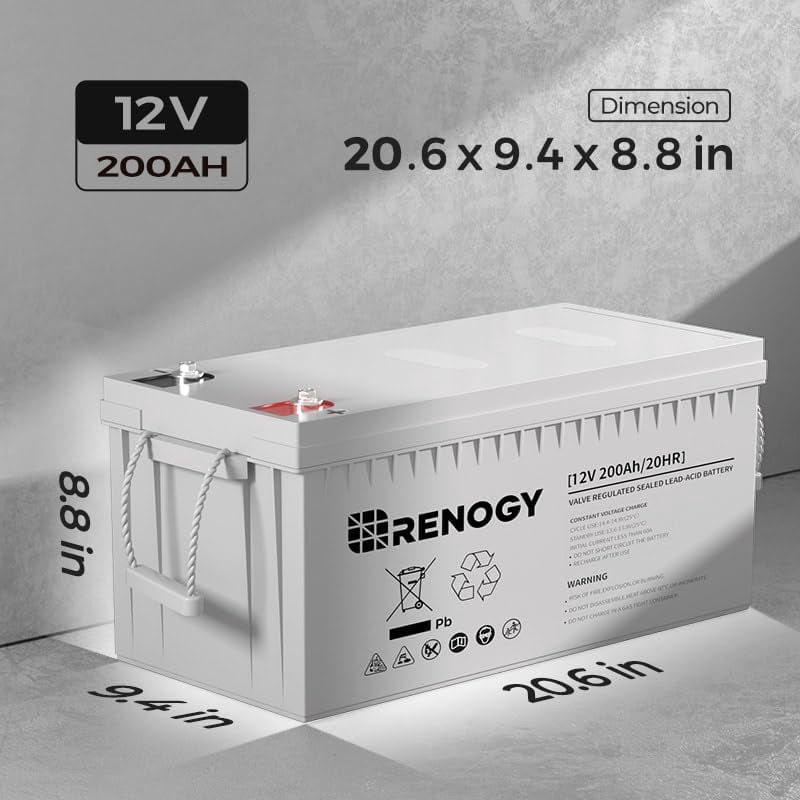 Renogy Deep Cycle AGM Battery 12 Volt 200Ah, 2000A Max Discharge Current, Safe Charge Most Home Appliances for RV, Camping, Cabin, Marine and Off-Grid System, Maintenance-Free