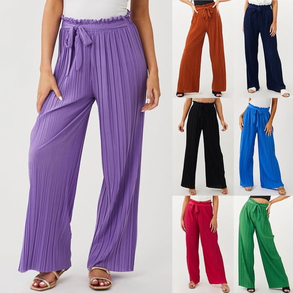 Fengqque Women's Wide Leg Work Pants Casual High Waisted Elastic Drawstring Loose Palazzo Trouser Wine XL(XL)