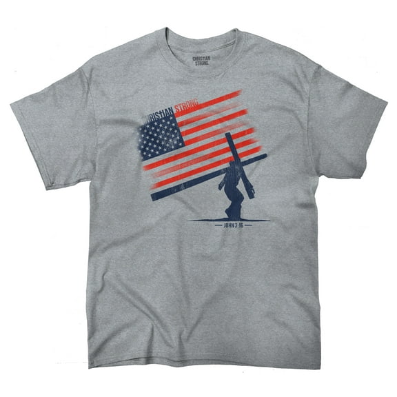 Christian American Pride T Shirt Cross Jesus Christ USA Red White Blue by Brisco Brands