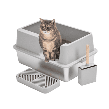 Furrbby XL Stainless Steel Cat Litter Box Side Entry, Leak-Proof, Odor-Resistant & Easy Clean Metal Litterbox for Large Cats & Multi-Cat Homes with Litter Scoop