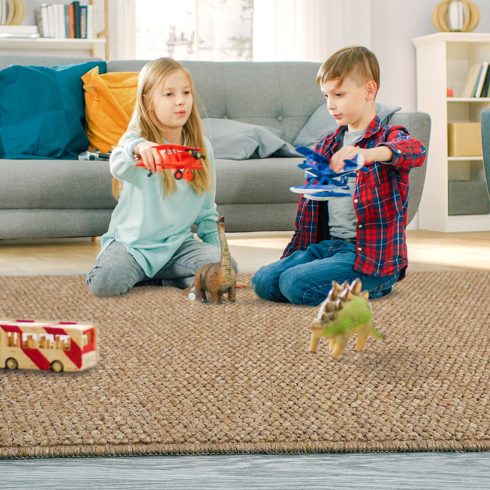 COZONY 5'x7' Washable Area Rug, Modern Textured Low-Pile Polypropylene Carpet, Stain Resistant Non-Slip Solid Accent Rug for Living Room Bedroom, Brown