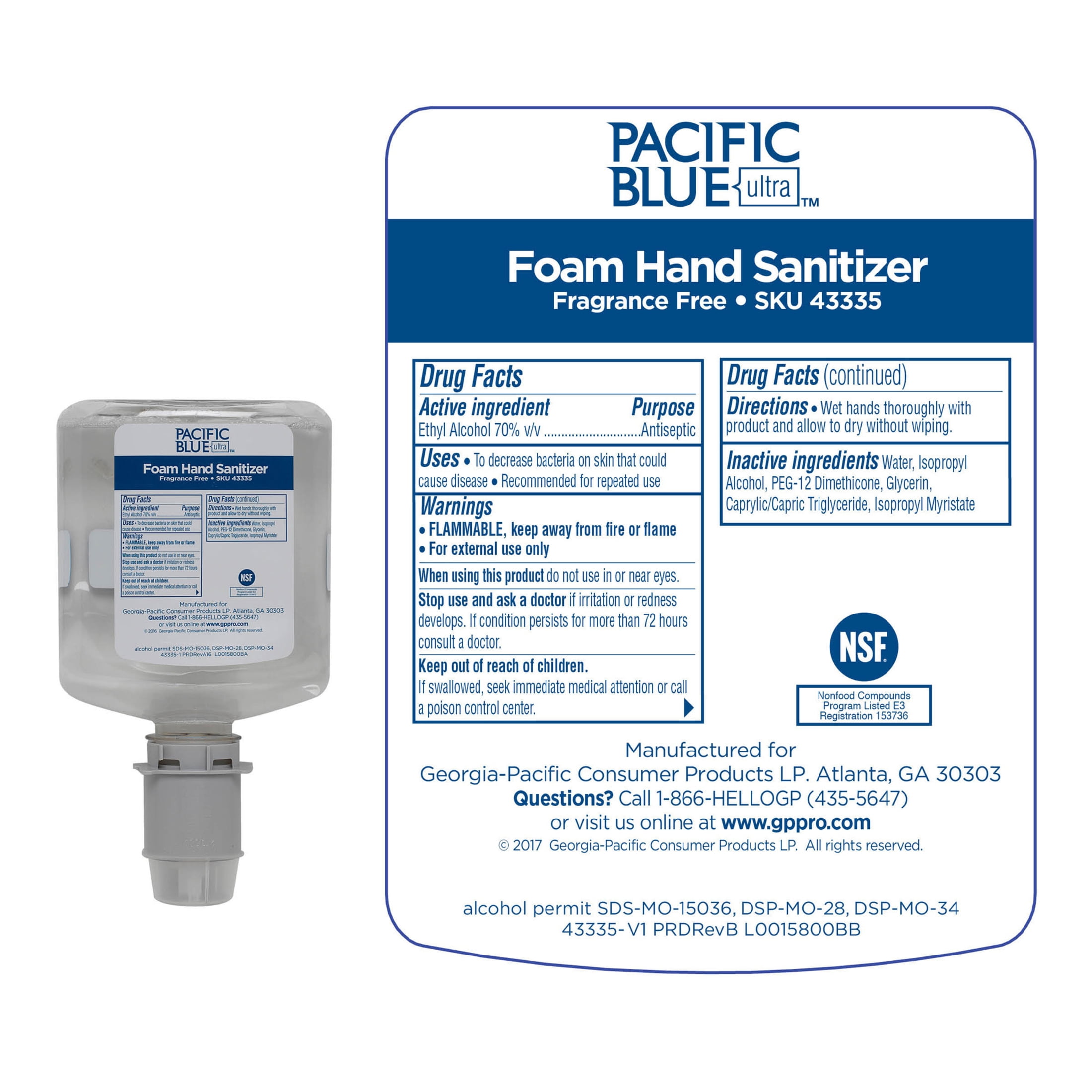 Pacific Blue Ultra, GPC43335, Foam Hand Sanitizer Manual Dispenser Refills, 4 / Carton, Clear, 33.8 fl oz (1000 mL)