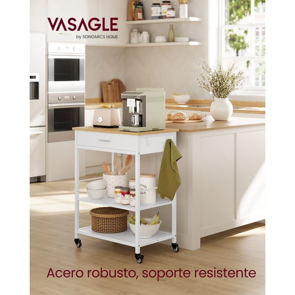 VASAGLE Isla de Cocina, Estantería de Cocina, 3 Niveles, Marco de Acero, 60x45x90cm, Natural y Blanco