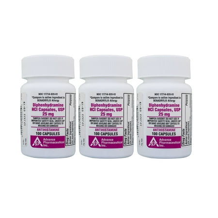 - Diphenhydramine 25 mg Generic Benadryl Allergy Medicine and Antihistamine 100 Capsules per Bottle PACK of 3