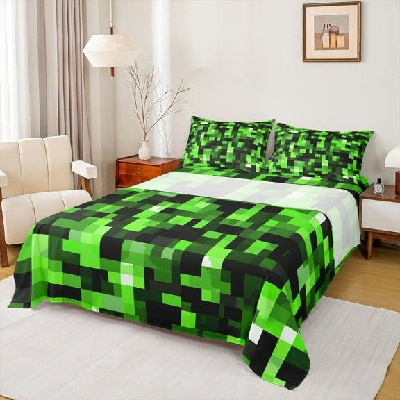 Manfei Pixel Grid Miners Twin Sheet Sets,Geometric Check Twin Fitted Sheet,Green Patchwork Pixel Buffalo Flat Sheet For Girls Boys,Breathable Home Decor,3 Pieces